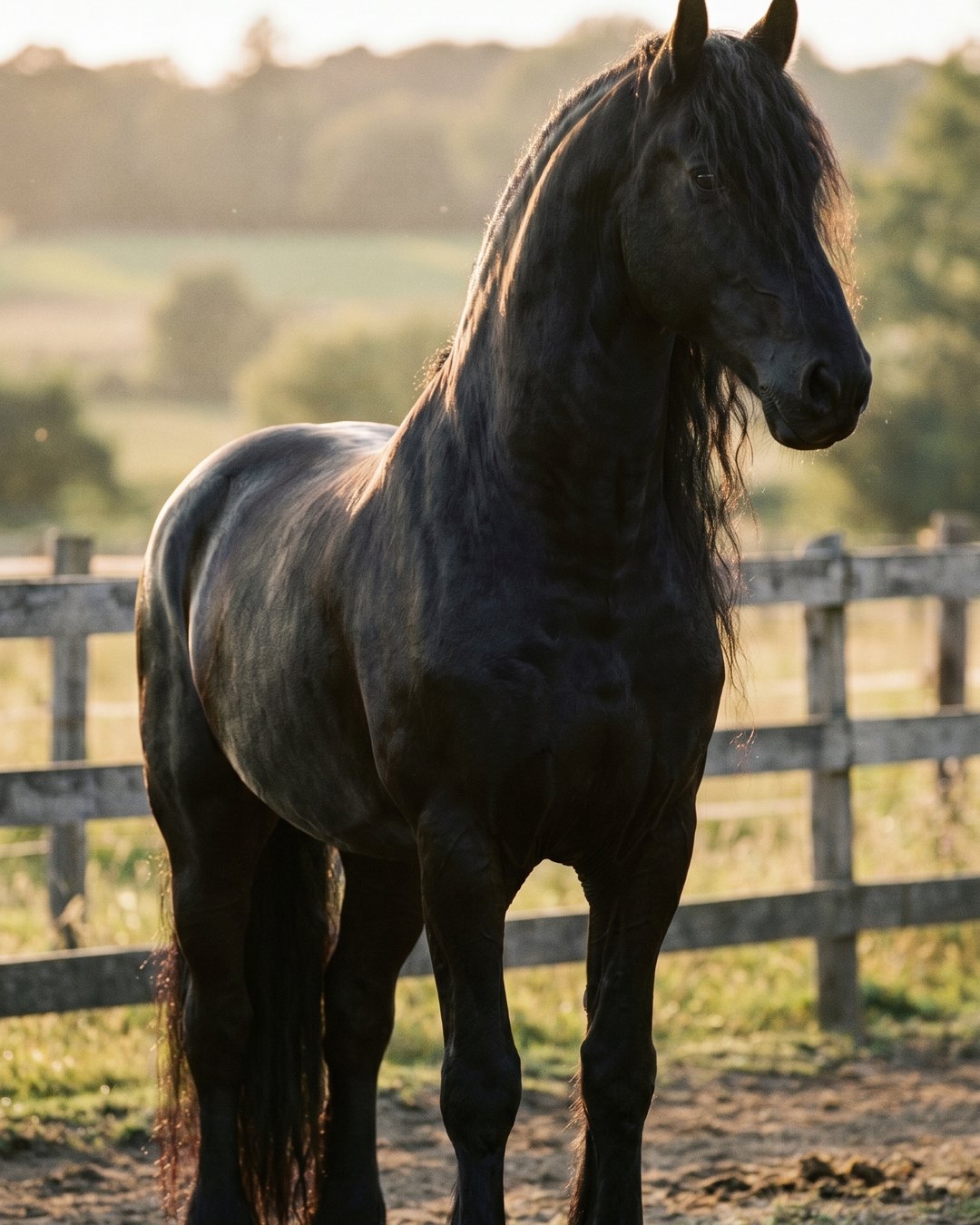Black Friesian stallion in a paddock