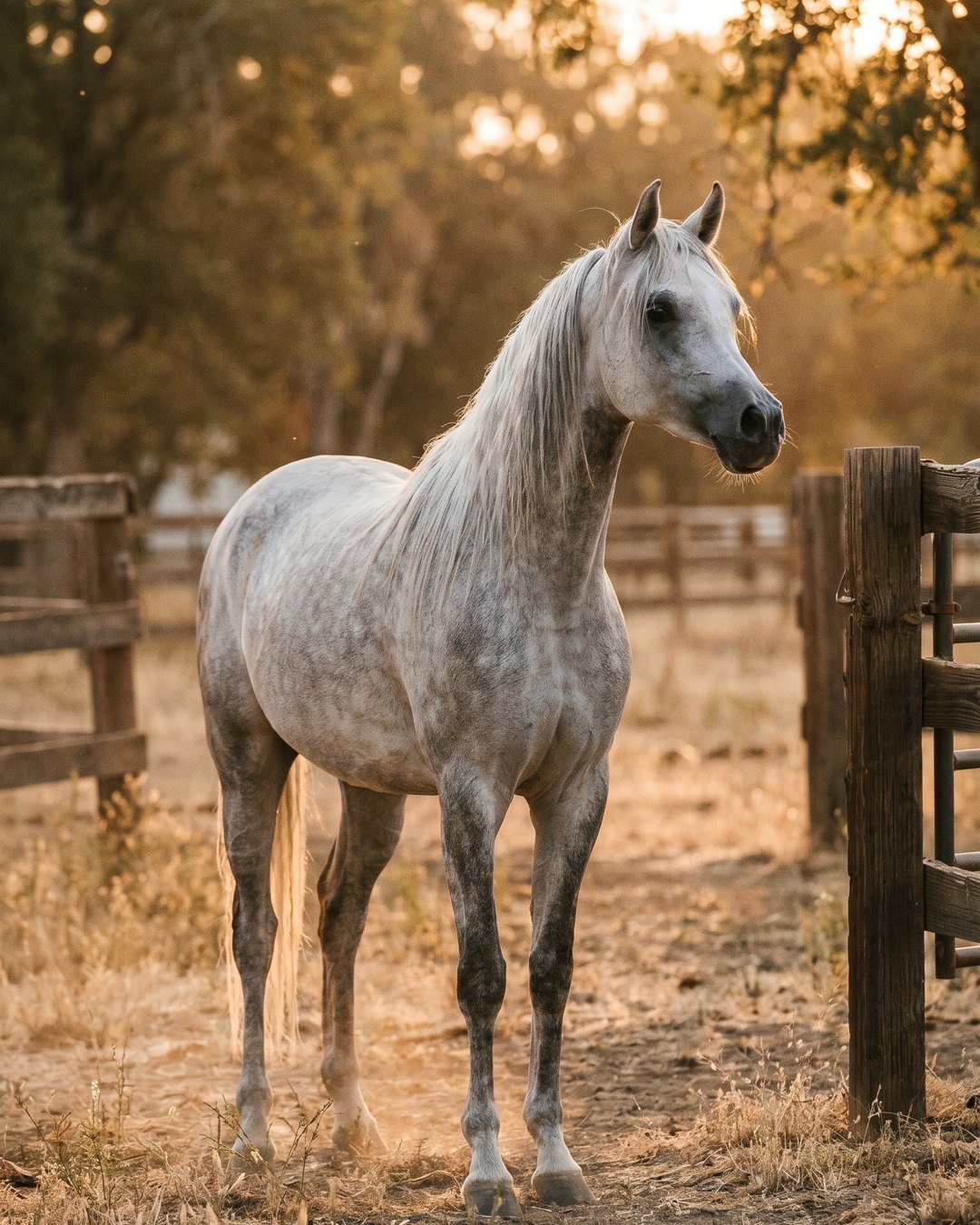 Grey Arabian horse, head turned to the camera